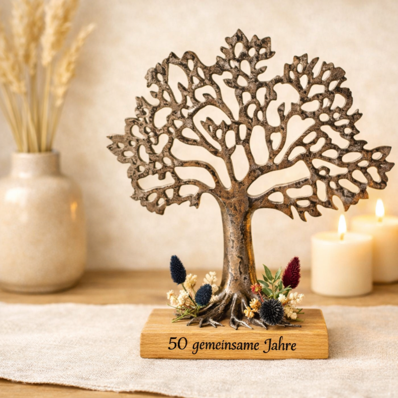 Ein silberer Baum aus Alu mit schön gearbeiteter breiter Krone steht auf einem natürlichem Sockel aus Holz. Elegantes Jubiläumsgeschenk mit Wurzel‑Symbolik, warmes Licht, natürliche Materialien, ruhige Farbpalette, hochwertige Studioästhetik, dezente Trockenblumen