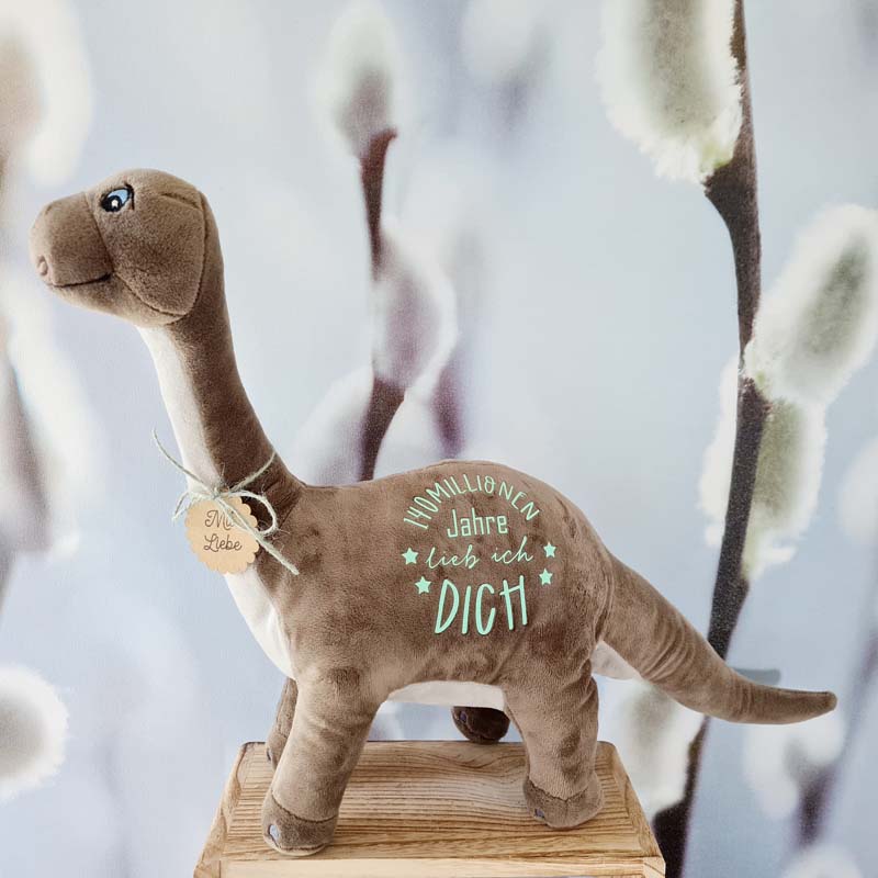 Kuscheltier Dino Langhals mit Wunschtext und Namen als personalisiertes Geschenk für Kinder. Zum Trost oder zum Geburtstag macht dieser süße Dino Kinder glücklich.