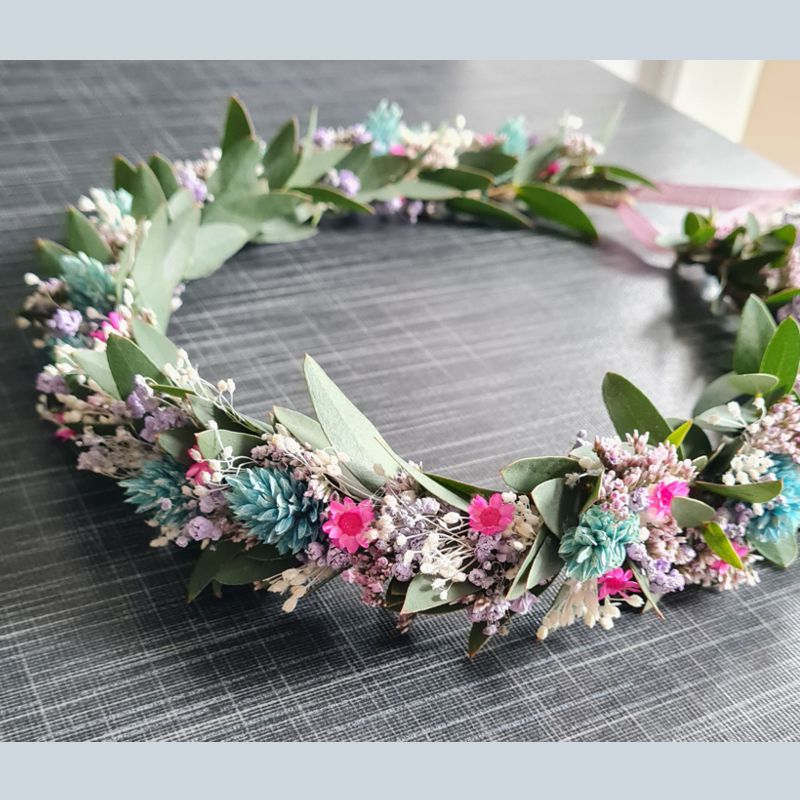 Haarkranz aus echten Trockenblumen für die Brautfrisur zu Hochzeit, Trauung und Vermählung in Tracht oder Dirndl.