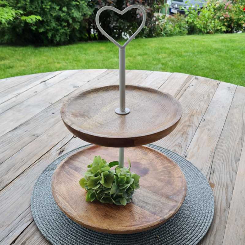 Etagere aus Holz, 2 Teller, Herzgriff aus weißem Aluminium, Geschenk, personalisierbar, Wunschtext, Lasergravur