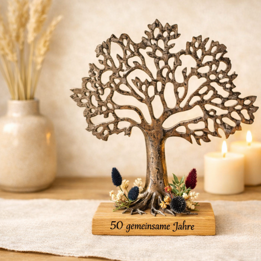 Ein silberer Baum aus Alu mit schön gearbeiteter breiter Krone steht auf einem natürlichem Sockel aus Holz. Elegantes Jubiläumsgeschenk mit Wurzel‑Symbolik, warmes Licht, natürliche Materialien, ruhige Farbpalette, hochwertige Studioästhetik, dezente Trockenblumen