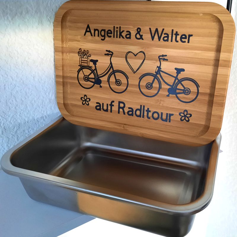 Brotzeitbox aus Edelstahl mit Holzdeckel, graviert mit Fahrradmotiv und Namen, Geschenk für Radfahrer