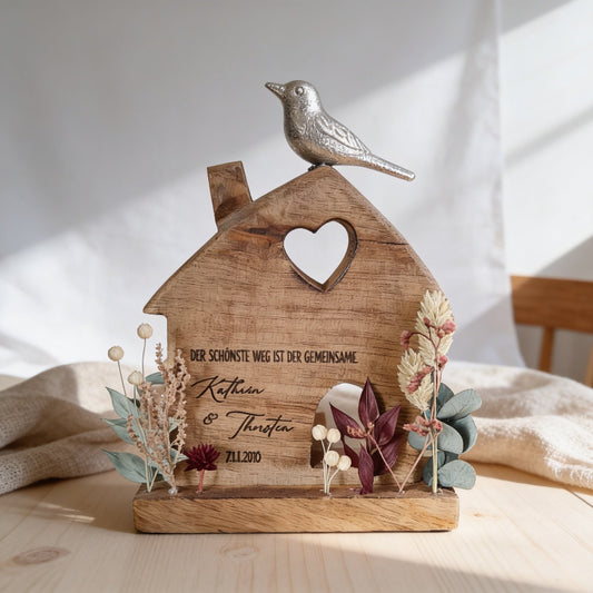 Dekohaus mit Vogel aus Metall und Wunschtext Geschenk personalisiert Hochzeit Liebe