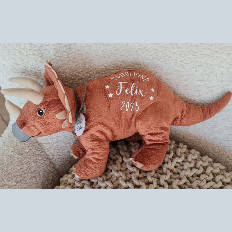 Dino Stegosaurus Kuscheltier mit Namen und Wunschtext als Geschenk zum Schulanfang. Eine tolle Idee zur Einschulung, ein großer Dino bietet Schutz in Schule und im neuen Alltag.