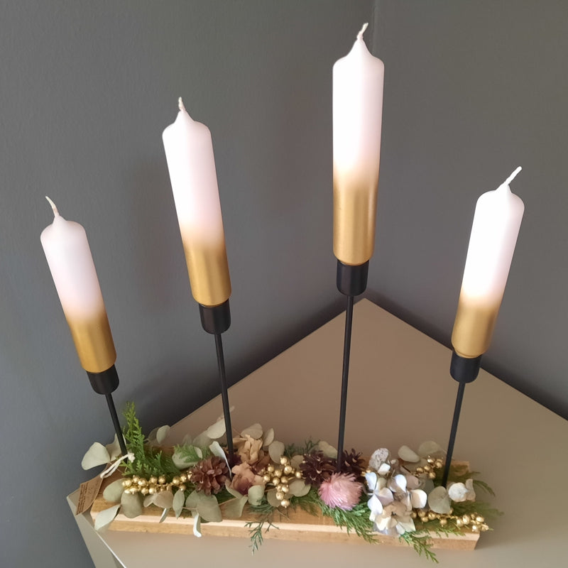 Stabkerzenhalter 4 er, Kerzenbalken 33 cm, Adventsständer, Stabkerzen in rosa und gold, Holz, massiv Kerzenständer Kerzenbrett Kerzenboard Weihnachten Advent Winter