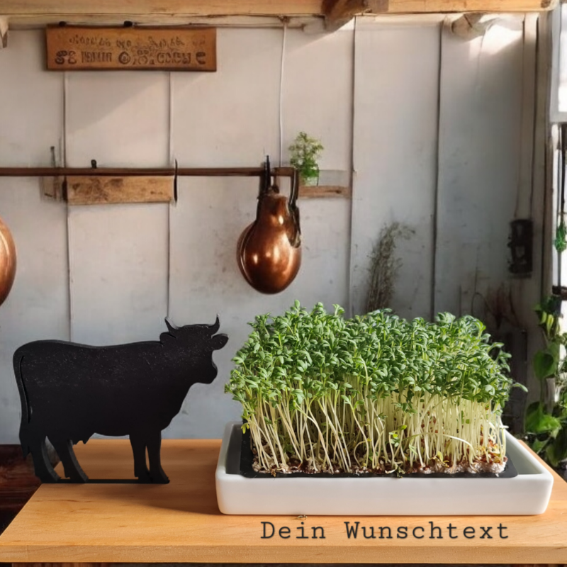 Die Käseschale Kuh von side by side kann Kresse und andere Snacks stilvoll servieren. Besonders in der ländlichen Küche ein Highlight, aber auch schmal genug für ein Fensterbrett in einem modernen Wohnambiente. Hochwertig in Deutschland gefertigt und mit Wunschtext veredelt. Eine besondere Geschenkidee zum runden Geburtstag mit Namen und Alter.