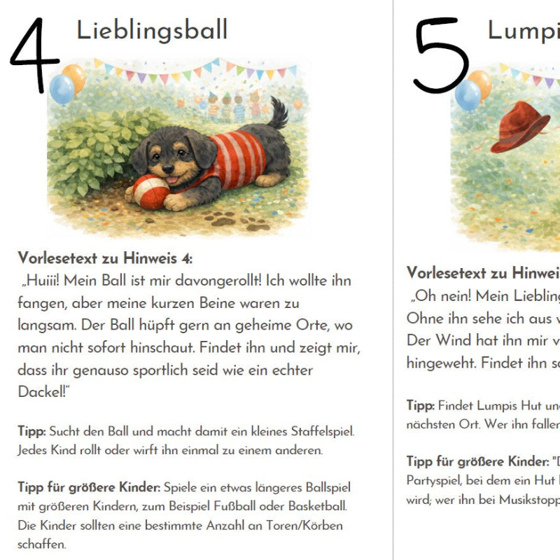 Kinder folgen Spuren bei einer Schatzsuche für Kindergeburtstage. spielerische Outdoor und Indoor Aktivität mit Trendhund Dackel