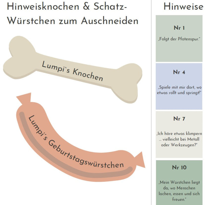 Kinder entdecken mit liebevoll illustriertem Material gemeinsam den Schatz bei einer Dackel-Schatzsuche. Detailansicht zum Druckmaterial.