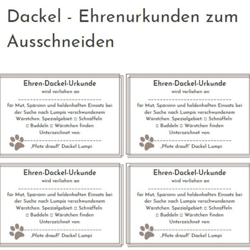 Materialansicht zur Kinderschatzsuche mit Dackel Lumpi. Die Ausweise für Dackel-Detektive zum selbst ausdrucken.