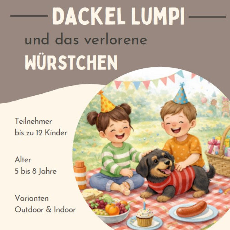 Illustration einer liebevollen Schatzsuche für Kinder von 5 bis 8. Mit Dackel Lumpi, der mit Kindern im Garten feiert. Cozy Kinderabenteuer für drinnen und draußen.