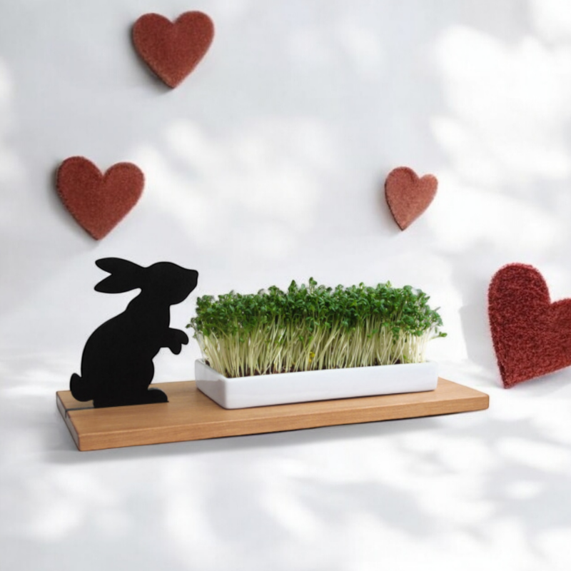 Die Kresse in der Schale steht auf einem Holzbrett mit süßem Hasen. das Servierbrett kann nach Wunsch mit Namen und Datum oder einem Glückwunsch für das Brautpaar graviert werden. Ein perfektes Geschenk zur Hochzeit.