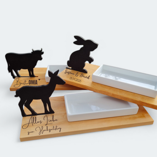 Drei Kressebretter mit Schale individuell graviert als Geschenk zur Hochzeit, für Oma und zum Hochzeitstag. Hochwertig gefertigt mit kleiner Tierfigur Hase, Reh oder Kuh