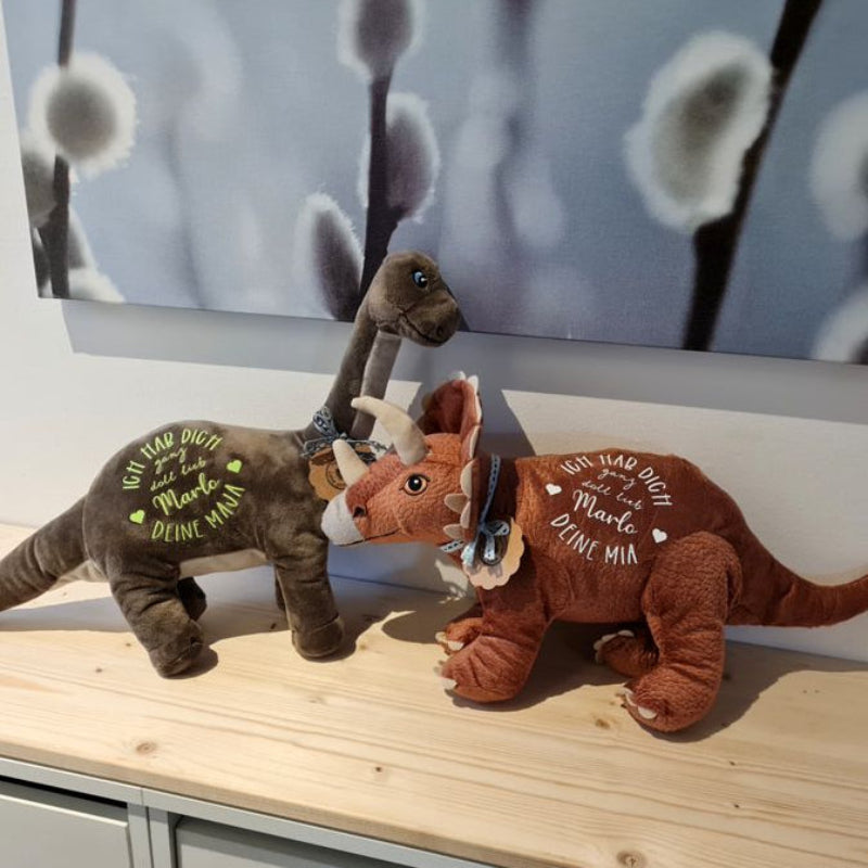 Kleiner Dino Kuscheltier mit Wunschtext und Namen als personalisiertes Geschenk für Kinder, kompakte Größe zum Mitnehmen.