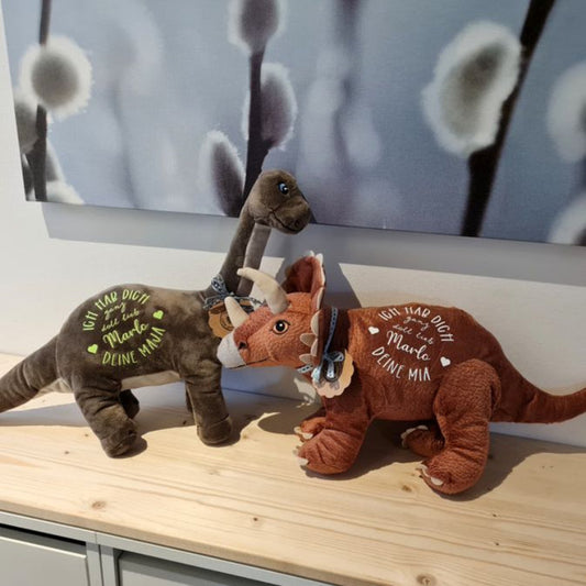 Kleiner Dino Kuscheltier mit Wunschtext und Namen als personalisiertes Geschenk für Kinder, kompakte Größe zum Mitnehmen.