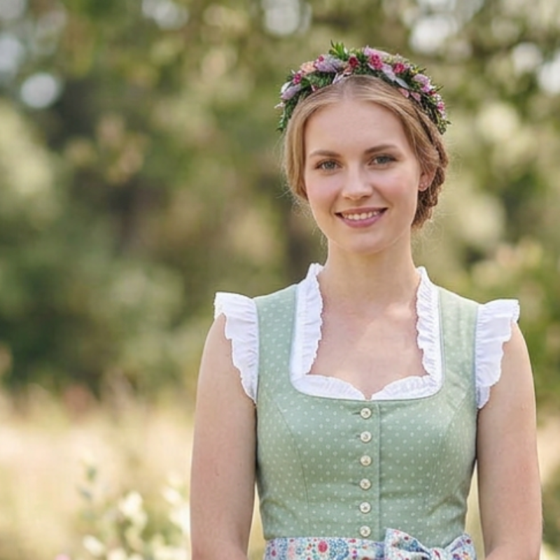 Junge Frau im Dirndl mit Haarreif Krone, ein Trockenblumenkranz zur Tracht oder zum Brautdirndl.