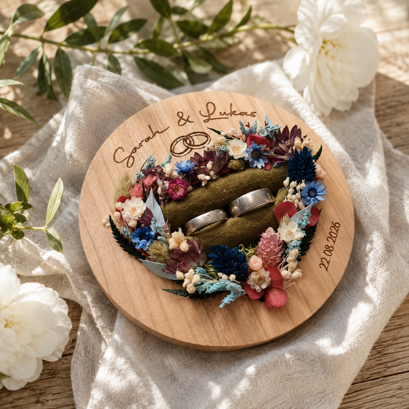Personalisiertes Ringkissen aus hochwertigem heimischen Holz mit Trockenblumen und Gravur für eine freie oder kirchliche Trauung.