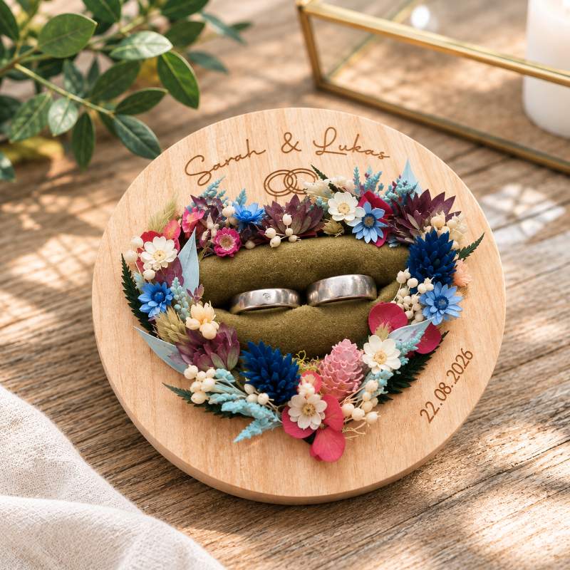 Personalisierter Ringträger aus Kirsche mit weichem Samteinsatz und Herz aus Trockenblumen, Gravur für die Hochzeit.