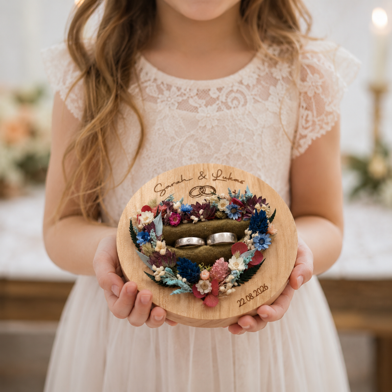 Blumenmädchen hält einen personalisierten Ringträger statt Ringkissen aus Kirsche mit den Trauringen während der Trauung. Die Ringe sitzen sicher in Samt und werden von Trockenblumen in Herzform arrangiert umrahmt. Namen, Datum und Wunschtext sind graviert.	