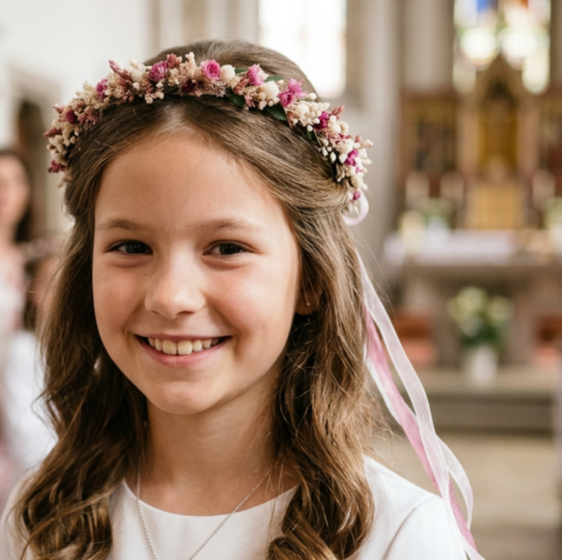 Detailansicht des Trockenblumen-Haarkranzes TAU für das Blumenmädchen bei der Hochzeit