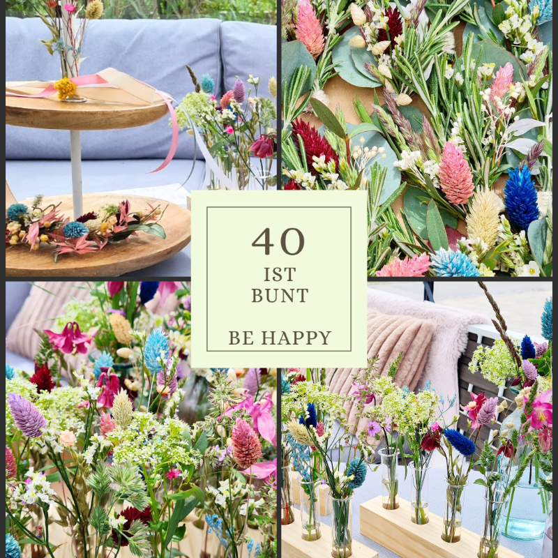 Eine fröhliche und bunte Tischdekoration zum 40. Geburtstag. Zarte Blüten und Gräser in Reagenzgläsern, mt passend dekorierter Etagere und Bestecksträußchen